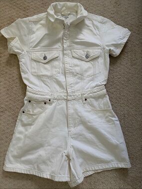 Abercrombie & Fitch White Short-Sleeve Denim Romper Overalls